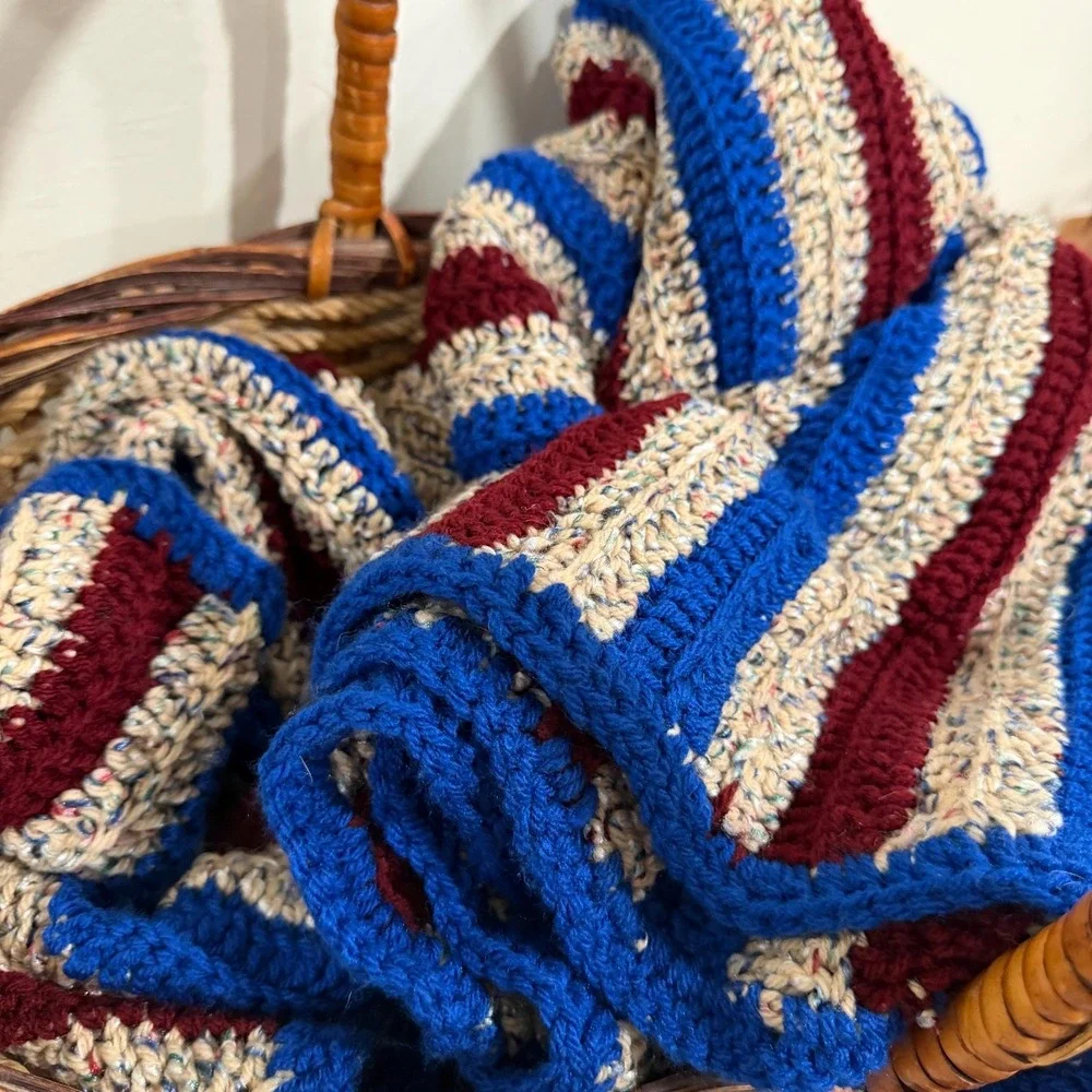 Hand Crocheted Vintage Afghan‎ Blanket Blue Red  Americana Cottagecore